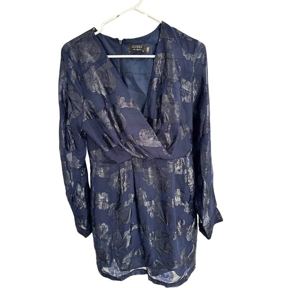 GUESS Navy Blue Metallic Floral Print Wrap V Neck Long Sleeve Mini Dress Size 8